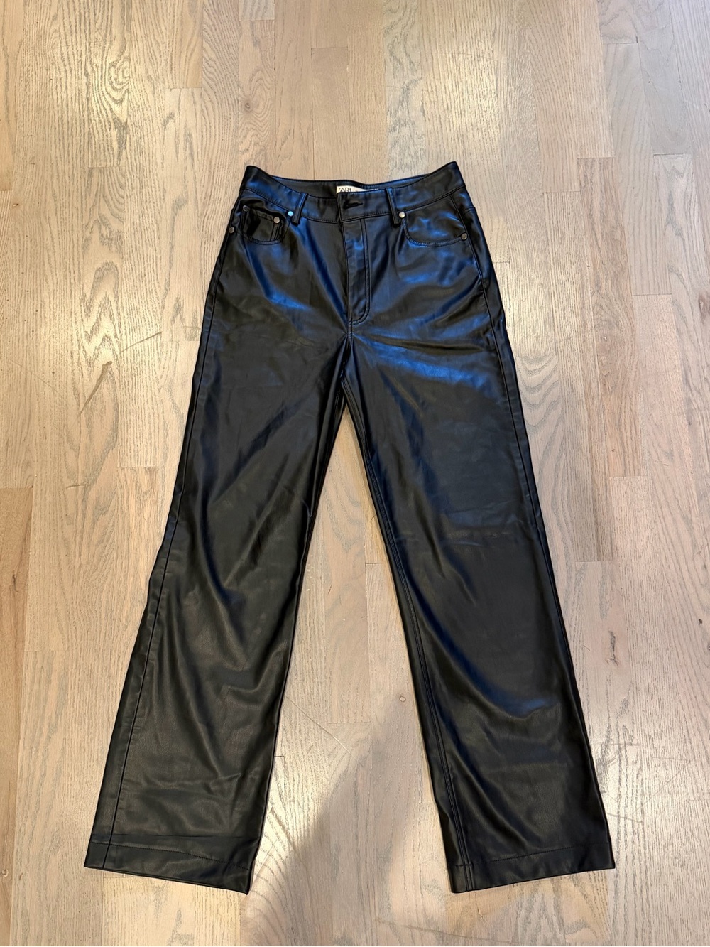 Zara Black Faux Leather Wide-Leg Jeans